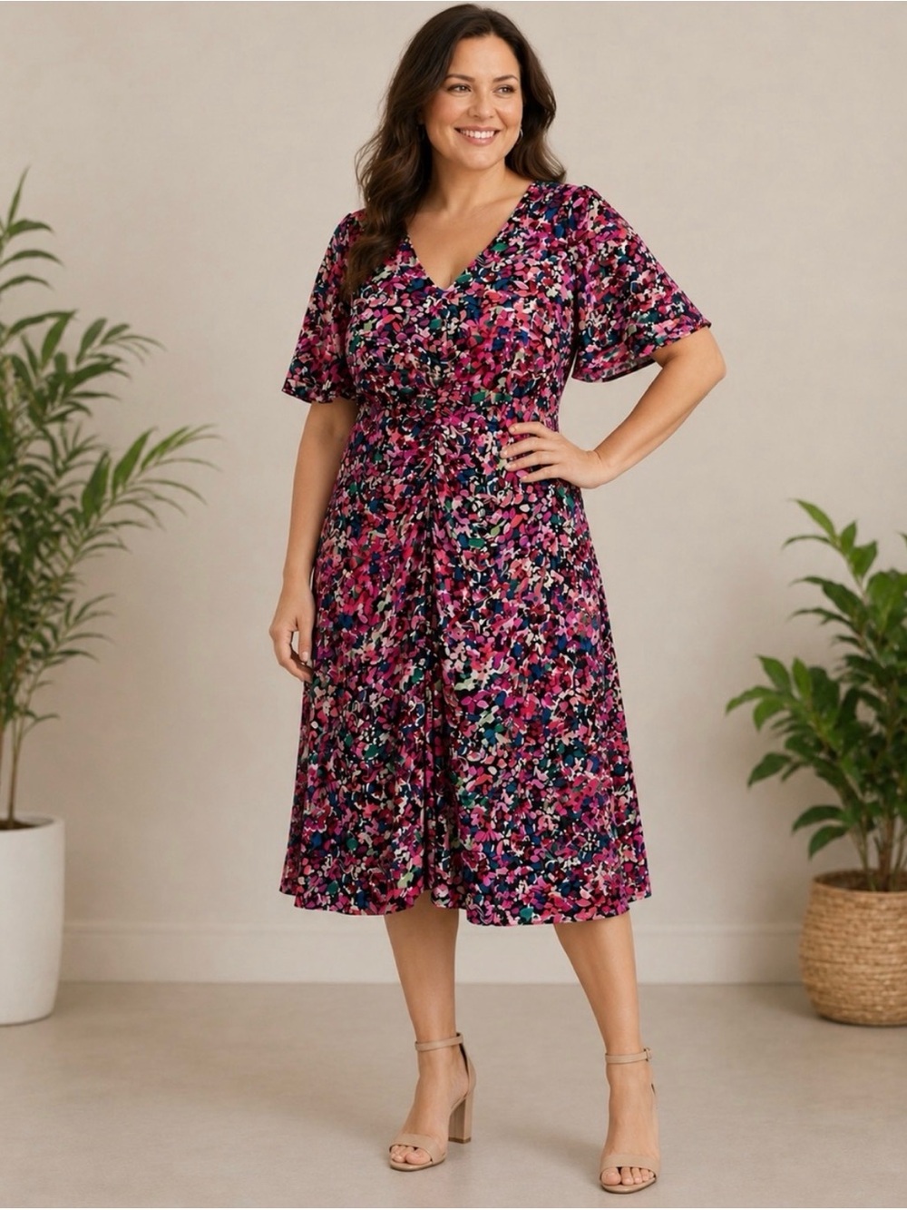 London Times 14W Floral Ruched Midi Dress Pink Plus
